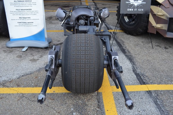 close up of front of batcycle from batman movie with Christian bale