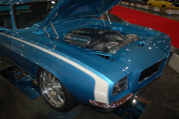blue 1969 Chevy Camaro custom engine bay shot