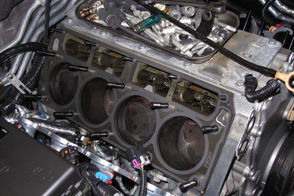 a gm ls engine with cylinder heads removed