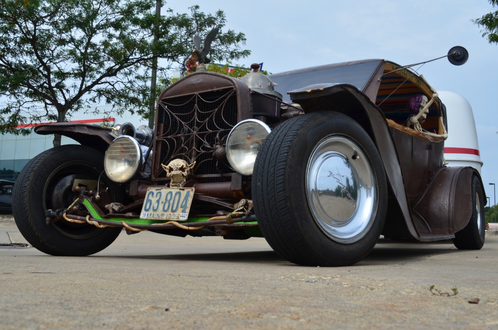 low profile shot of an old rat rod