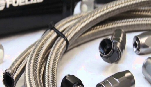 close up of braided stainless steel fuel line