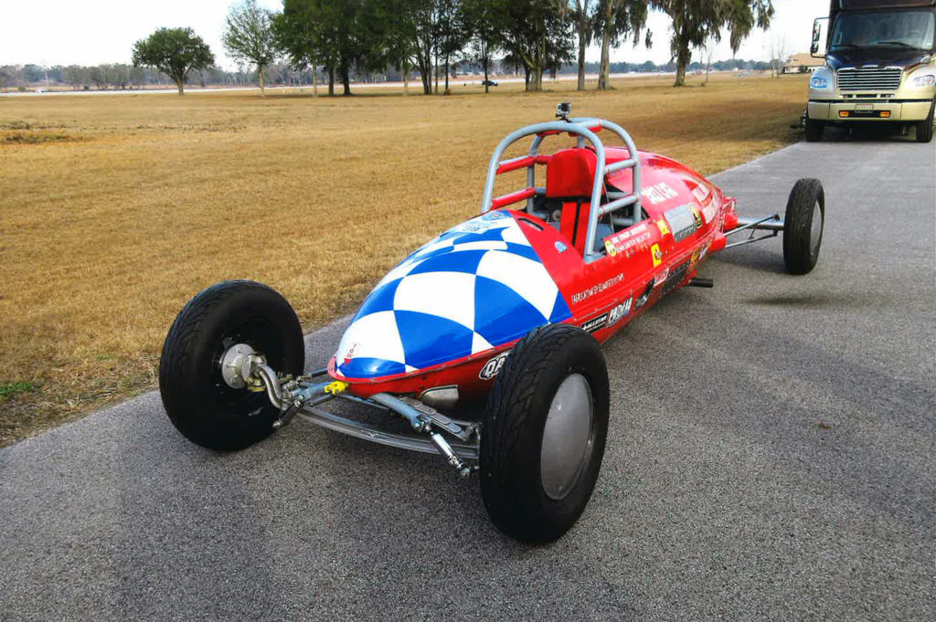 front view of a land speed belly tank racer