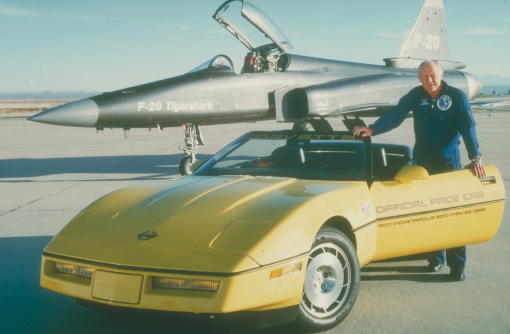 chuck yeager pictured with yellow 1995 chevy corvette indy 500 pace car edition c4
