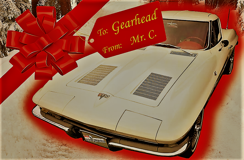 1963 corvette split window on snowscape with gift bow and tag