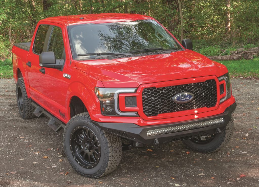 red 2019 ford f150 with custom wheels and bumper