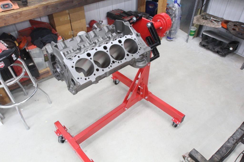 bare engine block on a stand