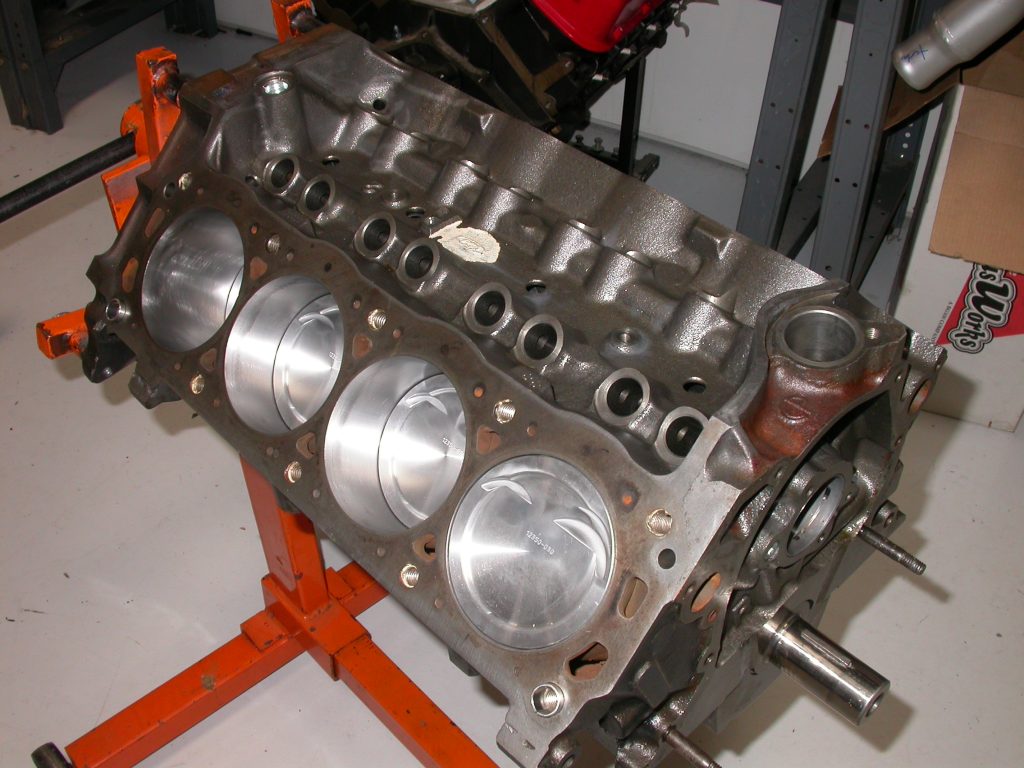 bare engine block on a stand