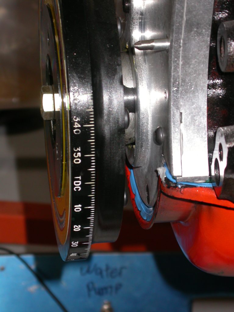 Close up of timing marks on a BBC crank