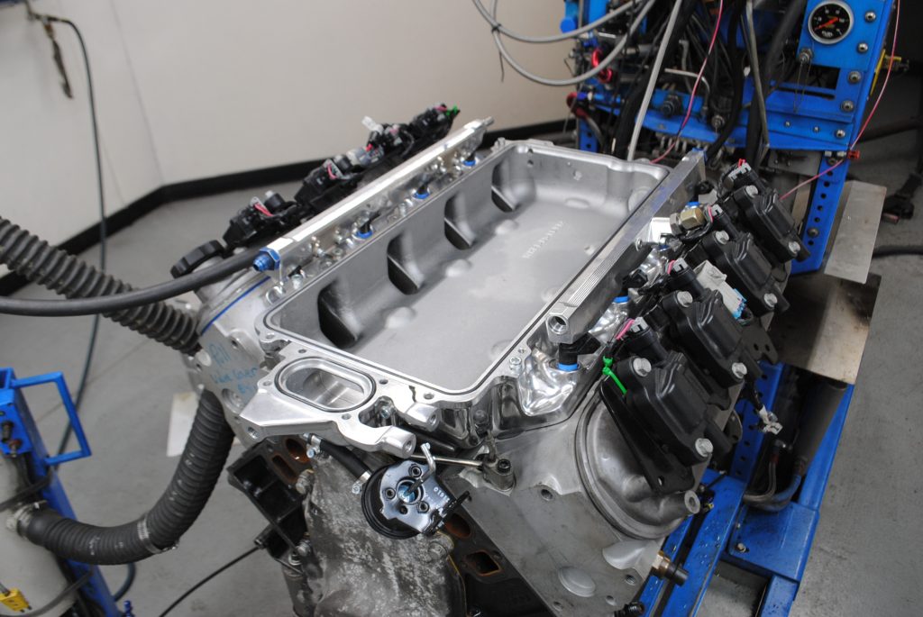 ls engine on dyno with intake cover removed