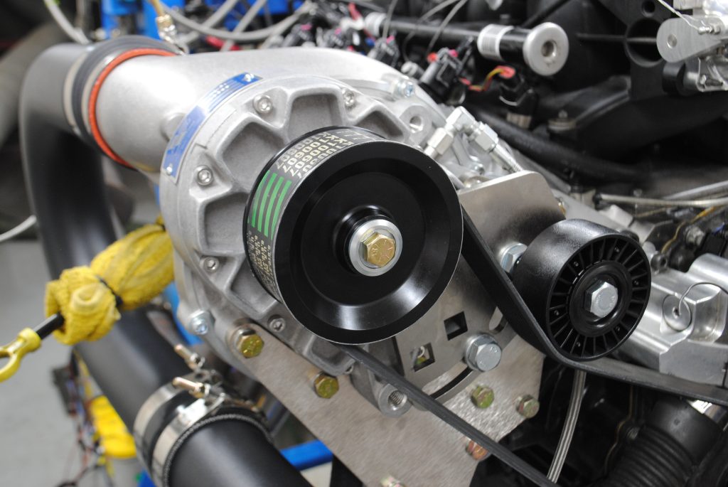 close up of a centrifugal supercharger pulley