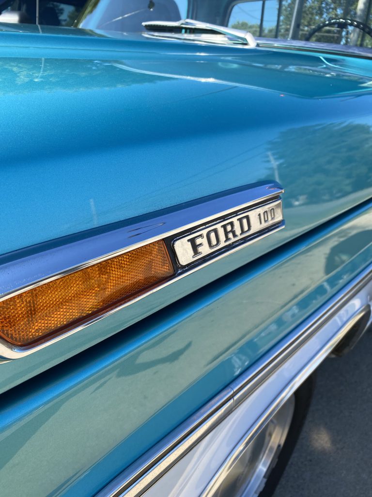 close up of hood emblem of a 1968 Ford F-100 Ranger