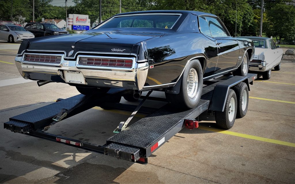 rear view of a 1969 buick wildcat drag car on a trailer