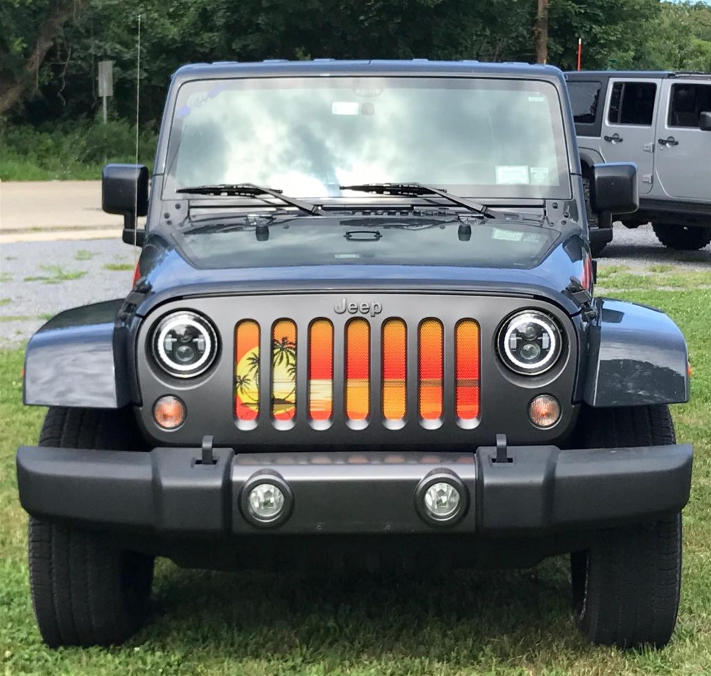 Jeep Wrangler with an island susnset grille insert