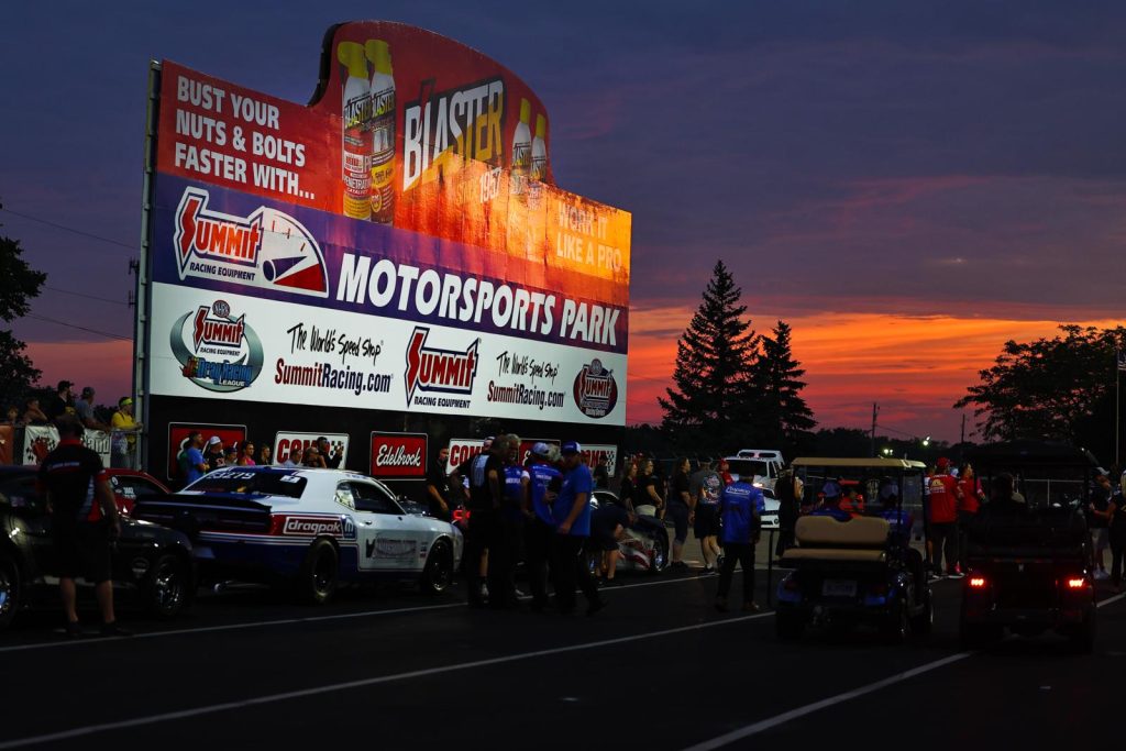 Summit Motorsports Park Sign & Staging Lanes at Dusk