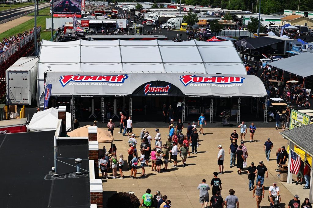 Summit Racing display tent aerial shot at NHRA Nationals