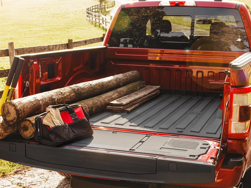 rear view of a truck bed filled with logs