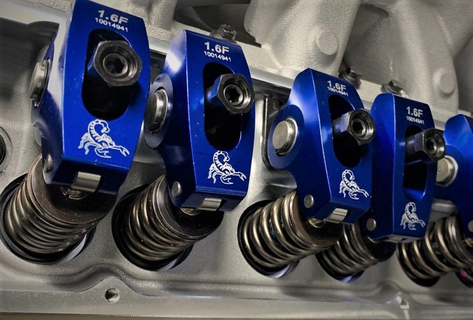 scorpion rockers installed on a cylinder head of a v8 engine