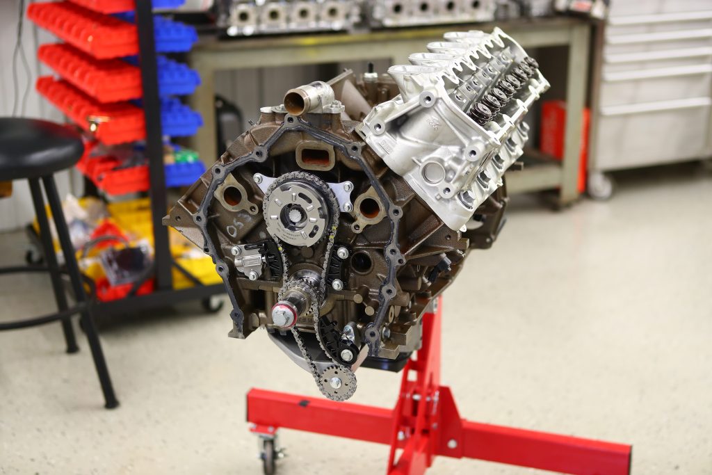 Ford 7.3L Godzilla engine being built on a stand