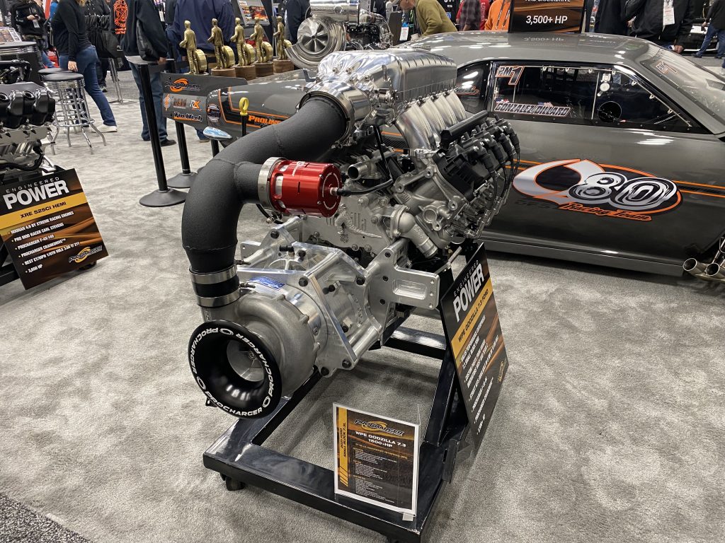 turbocharged Ford 7.3L Godzilla engine on display stand