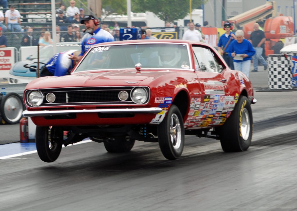 Camaro launching at drag strip