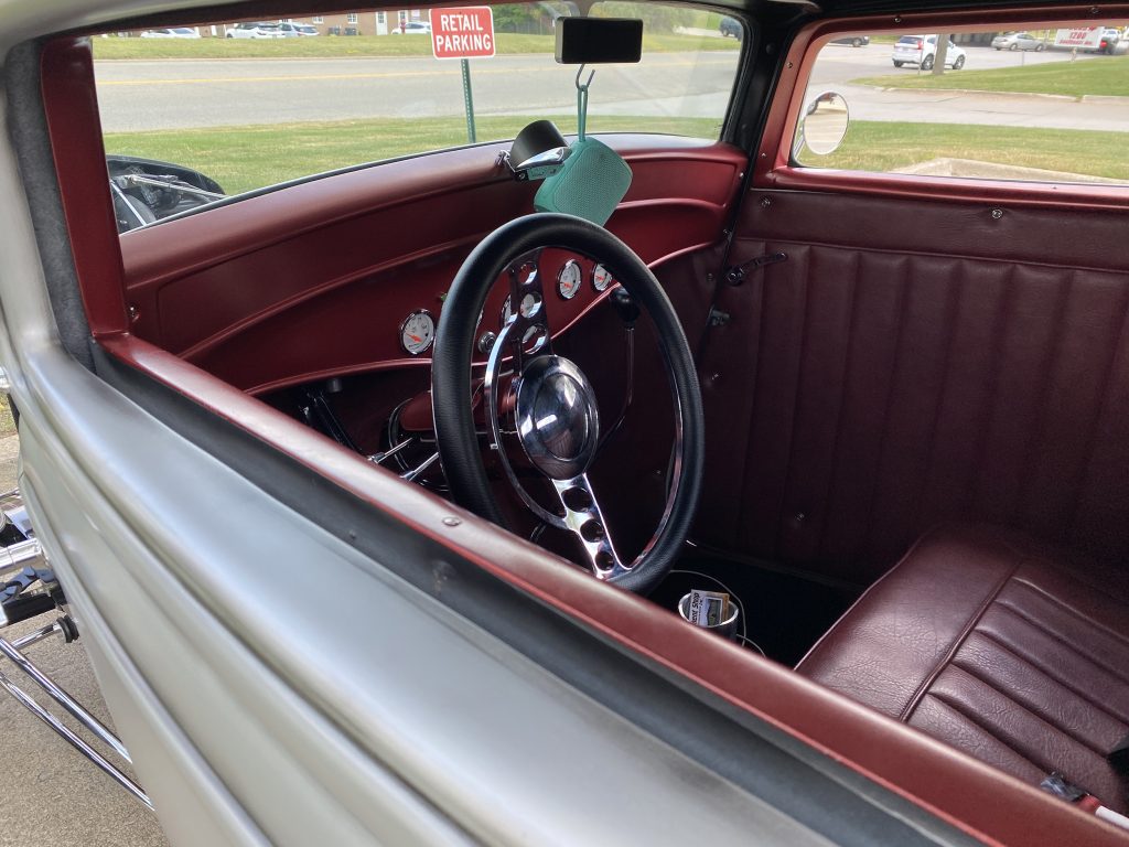 custom interior of a 1932 ford highboy 3-window hotrod coupe