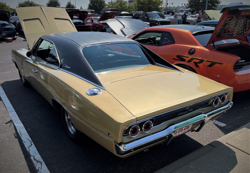 rear view of a gold 1968 Dodge Charger