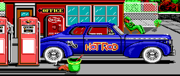 video game scene of an old car & gas station