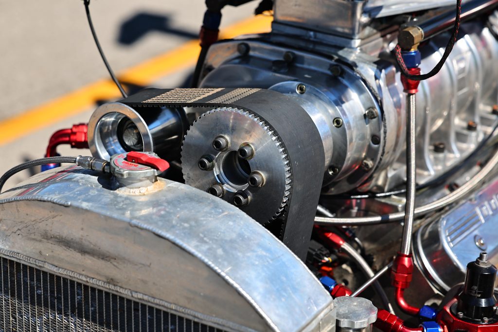 close up of supercharger gilmer belt pulley