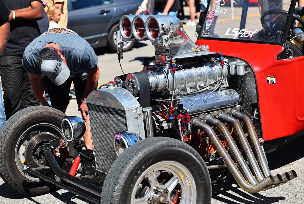 supercharged engine in a vintage ford model t dragster