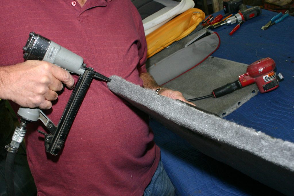 Stapling carpet to 1985 Mustang rear seat back