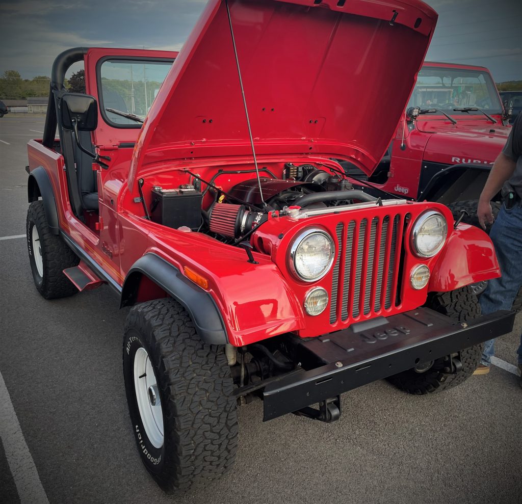 LS swapped CJ-7 Jeep Renegade with hood open