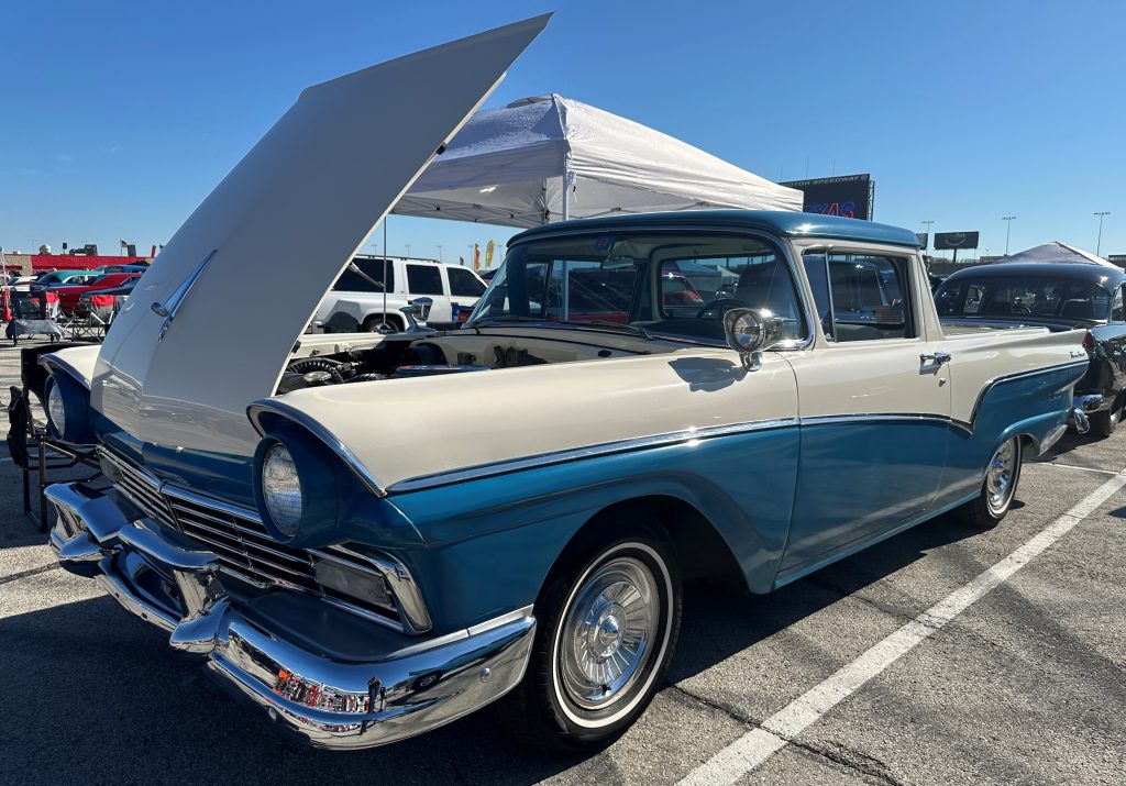 First-gen ford ranchero pickup truck with hood open