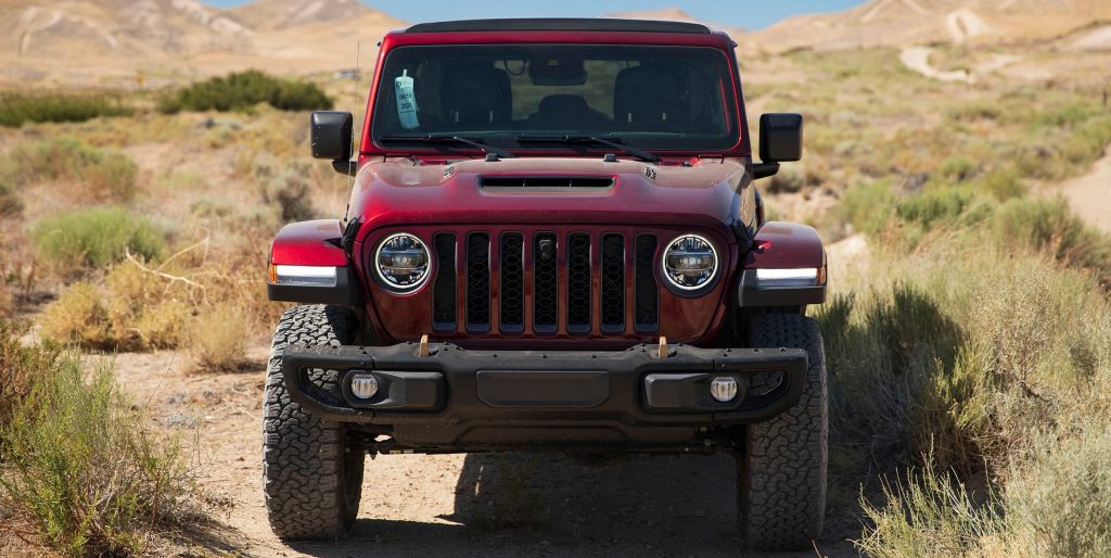 Front Grille shot of a Jeep Wrangler JL Parked in Desert