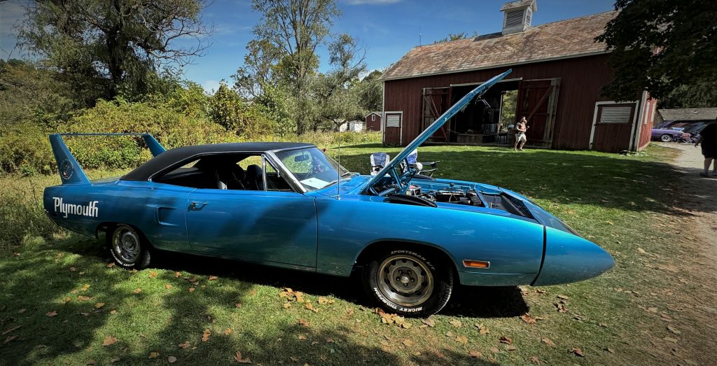 Blue Plymouth Superbird at a concours car show