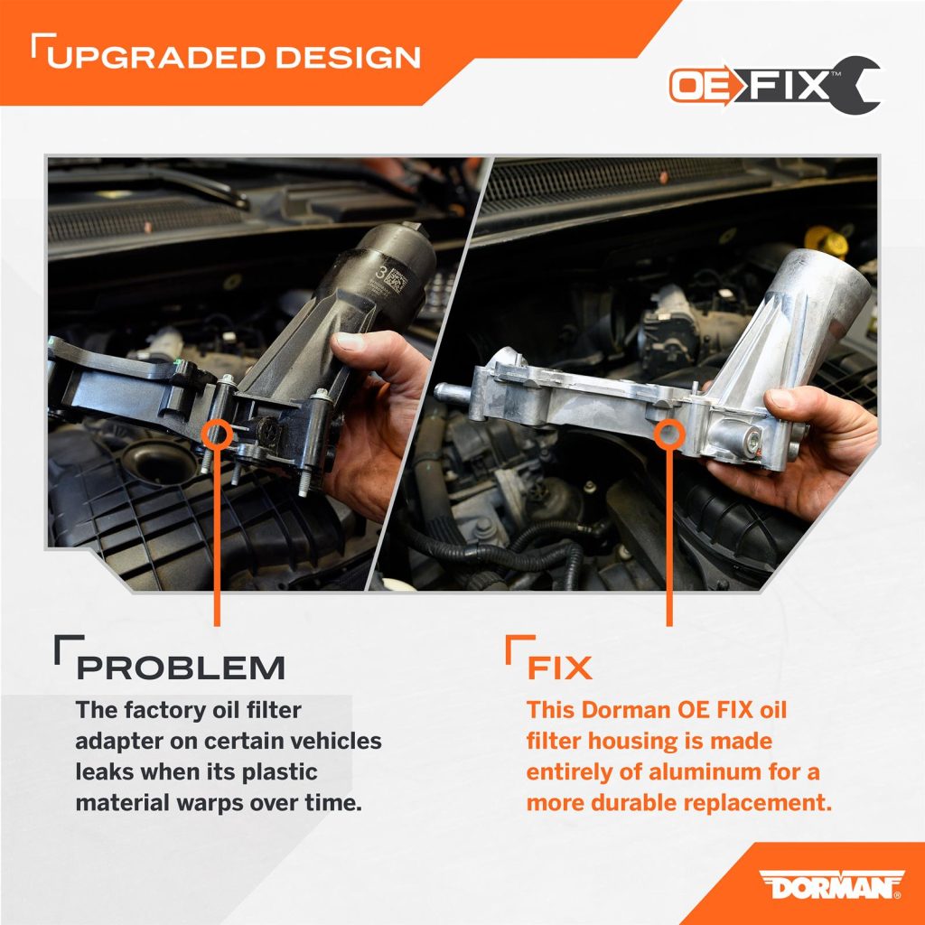 Dorman Pentastar upgraded oil filter housing infographic