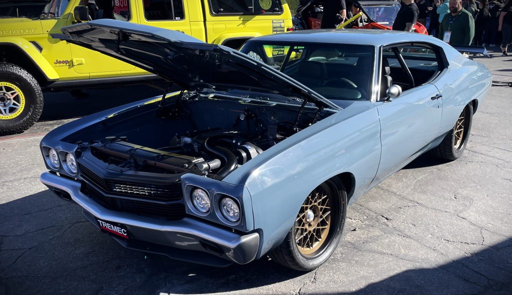 blue 1970 chevy chevelle restomod muscle car, driver side