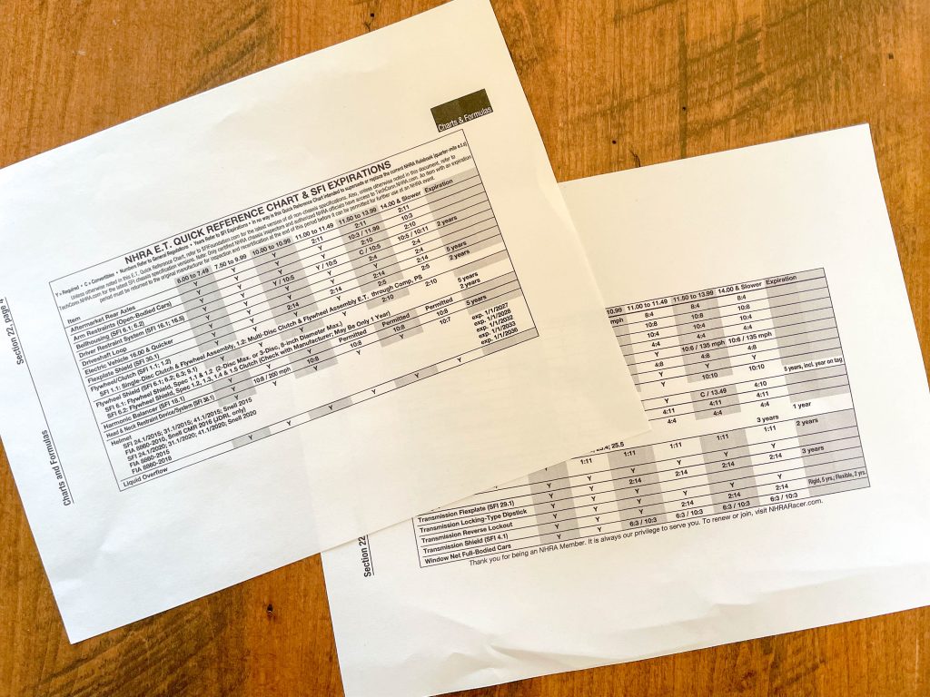 NHRA rule book SFI parts checklist