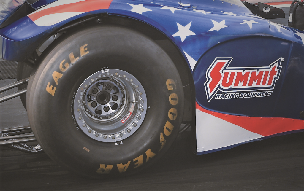 close up of a drag racing slick tire on a dragster