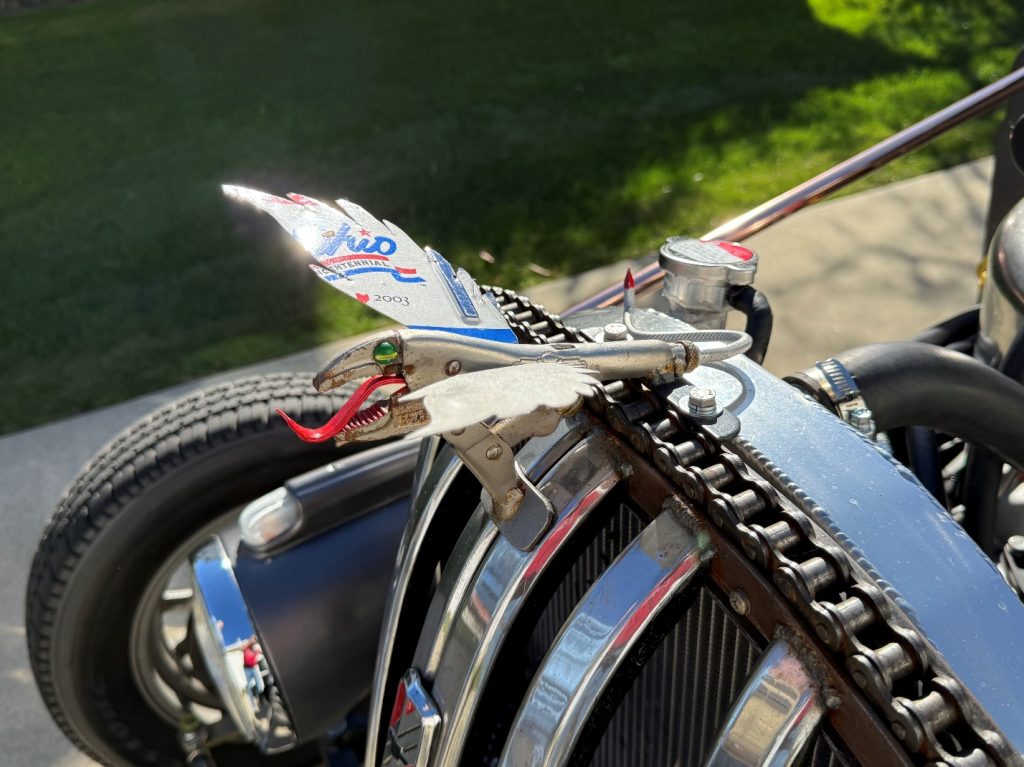 custom junkyard hood ornament on a prewar rat rod