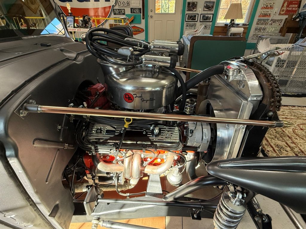 engine bay of a prewar rat rod