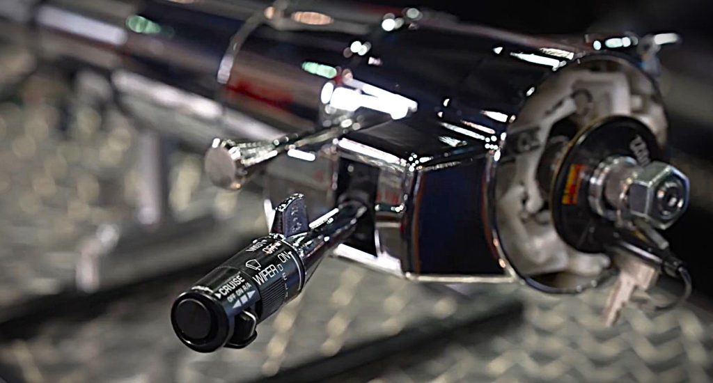 close up of turn signal stock on a steering column