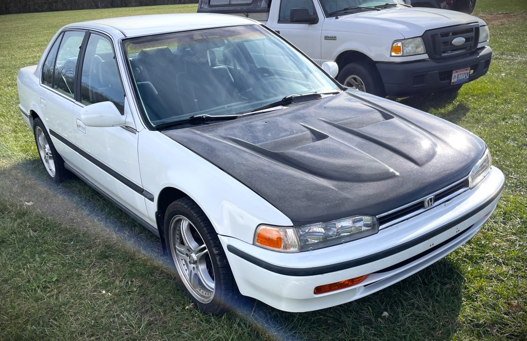 White Honda Accord with Carbon Fiber Hood