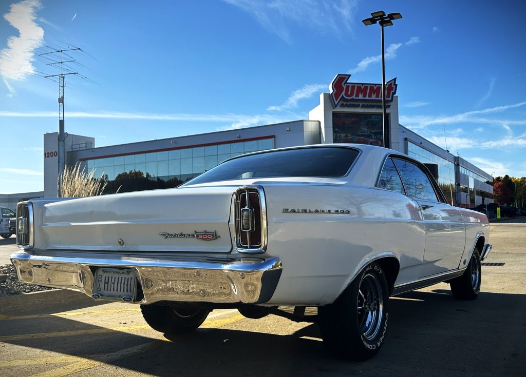 Rear view of a 1966 Ford Fairlane at Summit Racing store