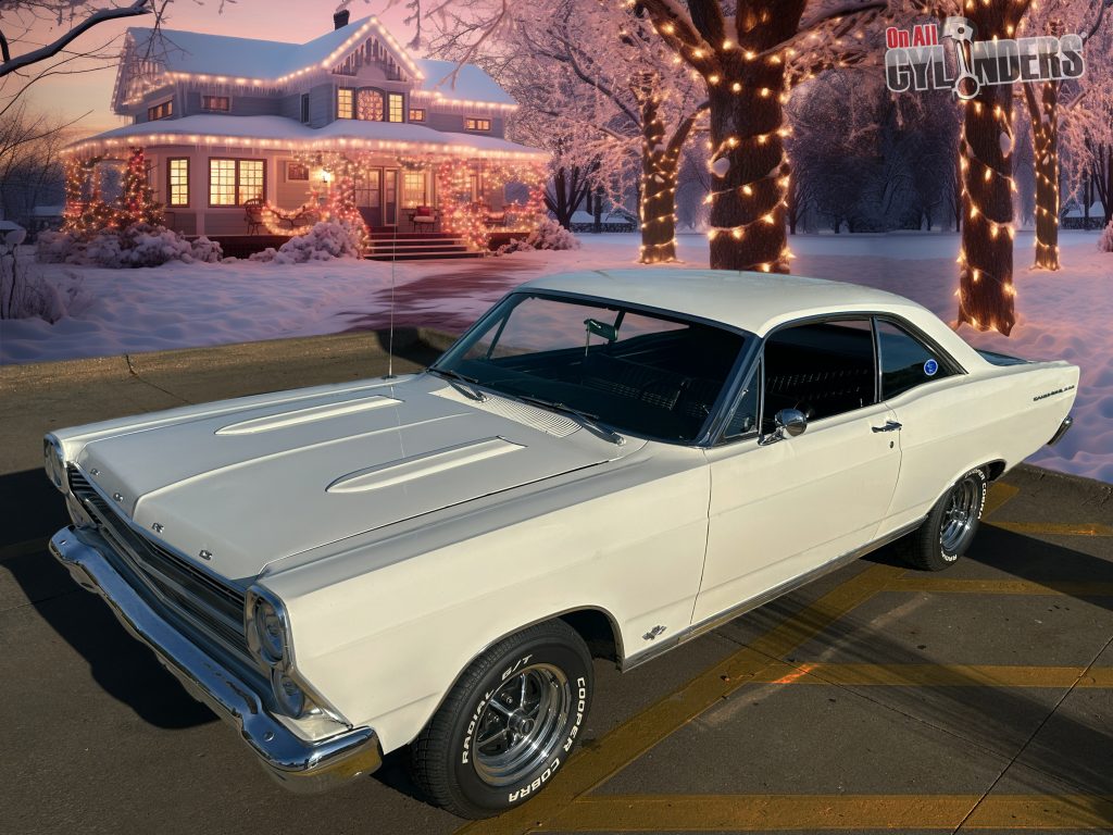 1966 ford fairlane parked near snowy house decorated for Christmas