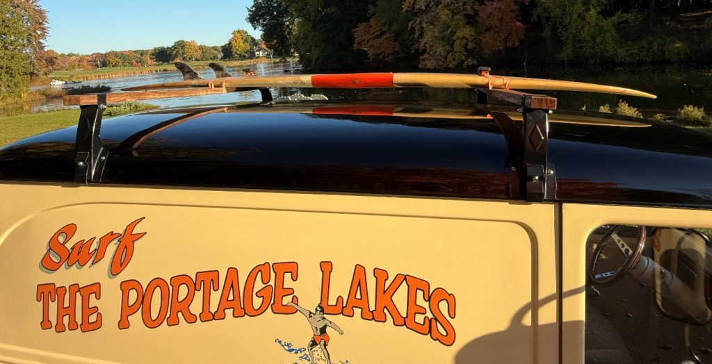 surf board atop a custom 1948 Jeep Panel Wagon